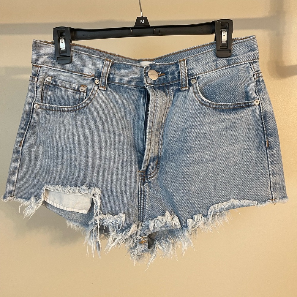 Superdown Light Blue Frayed Jean Shorts